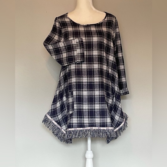 orange creek Dresses & Skirts - Navy and white flannel and fringe dress
